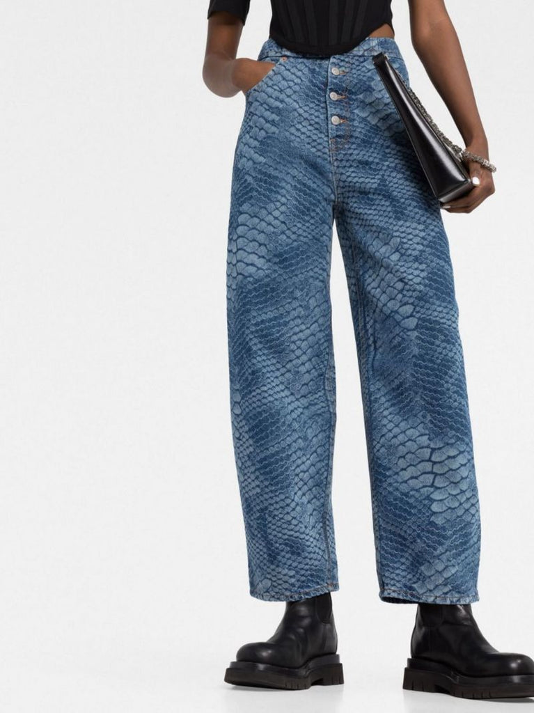 Blue Python Print Straight-leg Jeans