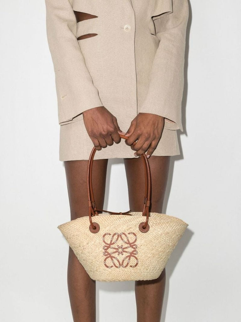 Neutral Anagram Small Raffia Basket Tote Bag