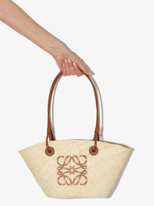 Neutral Anagram Small Raffia Basket Tote Bag