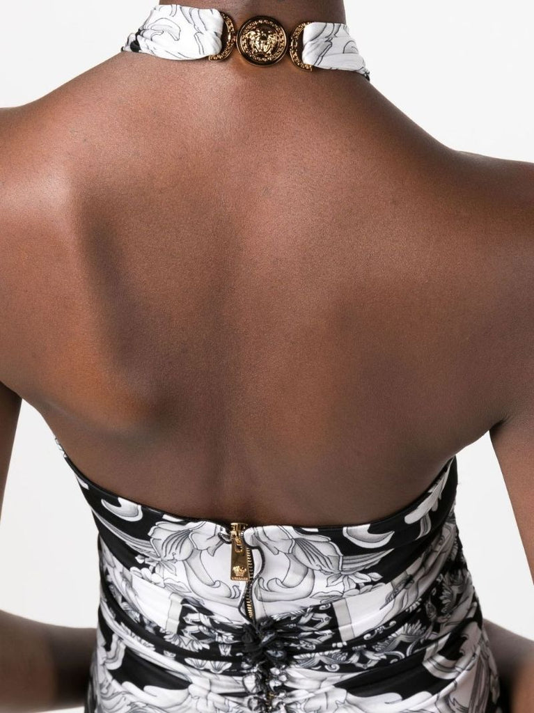 Black Silver Baroque Halterneck Midi Dress
