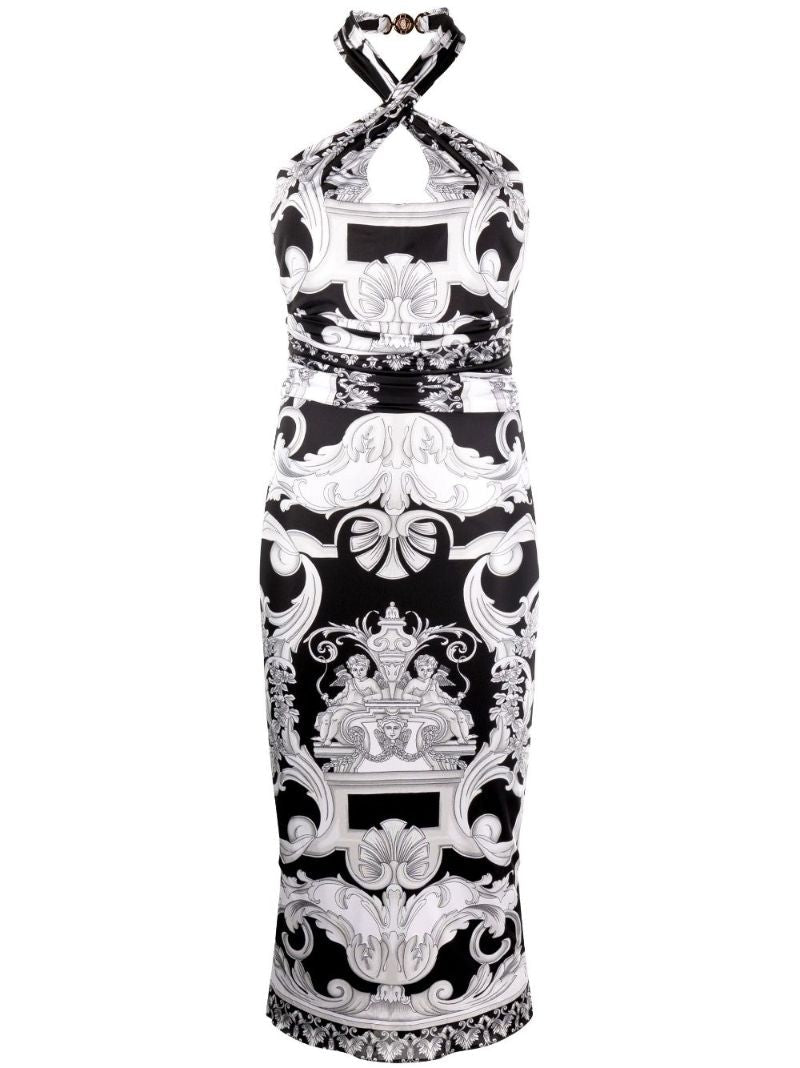Black Silver Baroque Halterneck Midi Dress