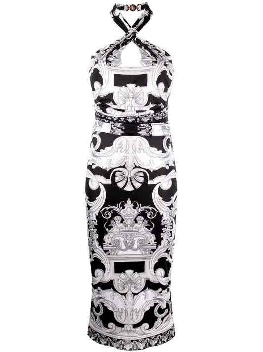 Black Silver Baroque Halterneck Midi Dress
