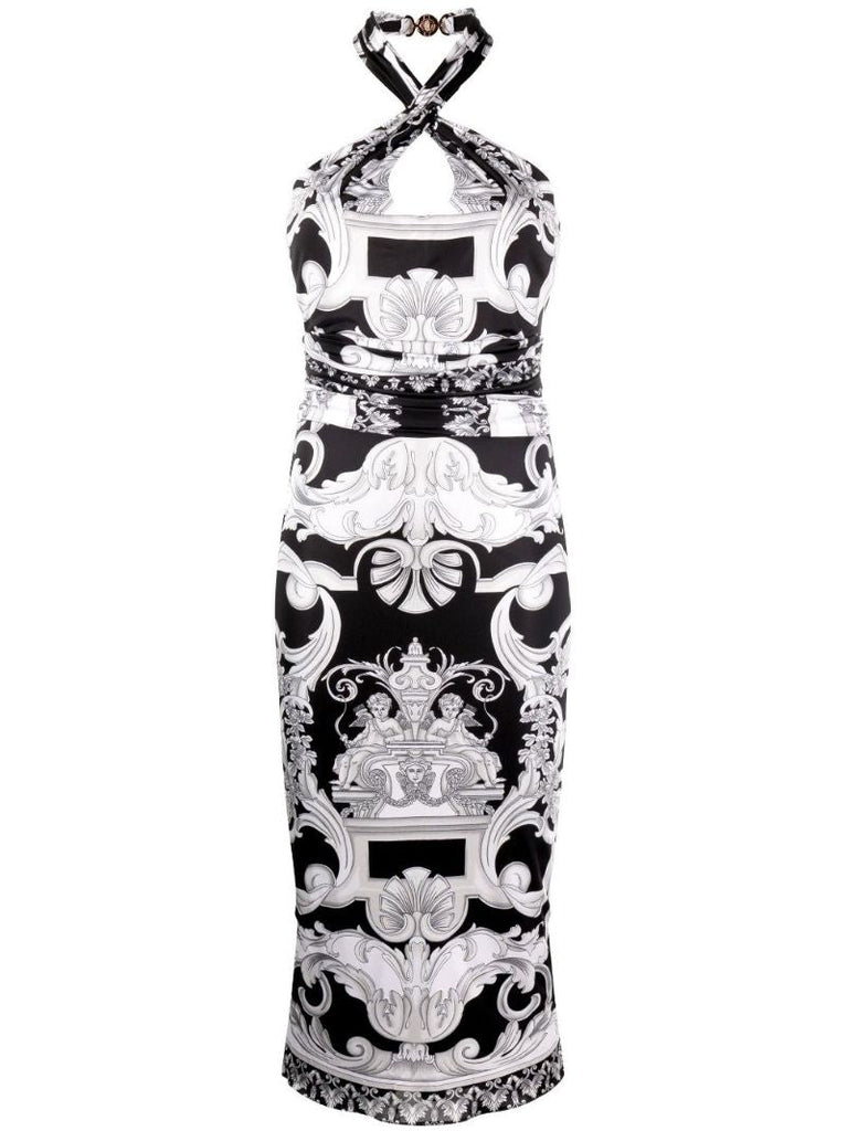 Black Silver Baroque Halterneck Midi Dress