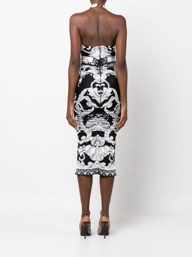 Black Silver Baroque Halterneck Midi Dress