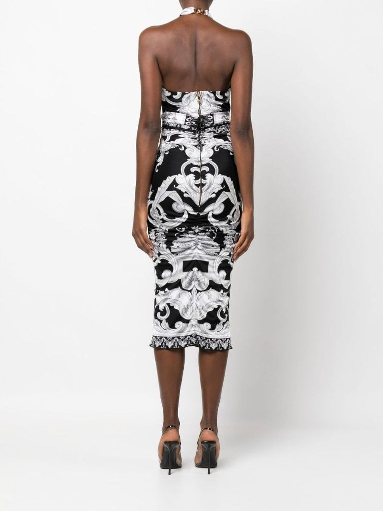 Black Silver Baroque Halterneck Midi Dress