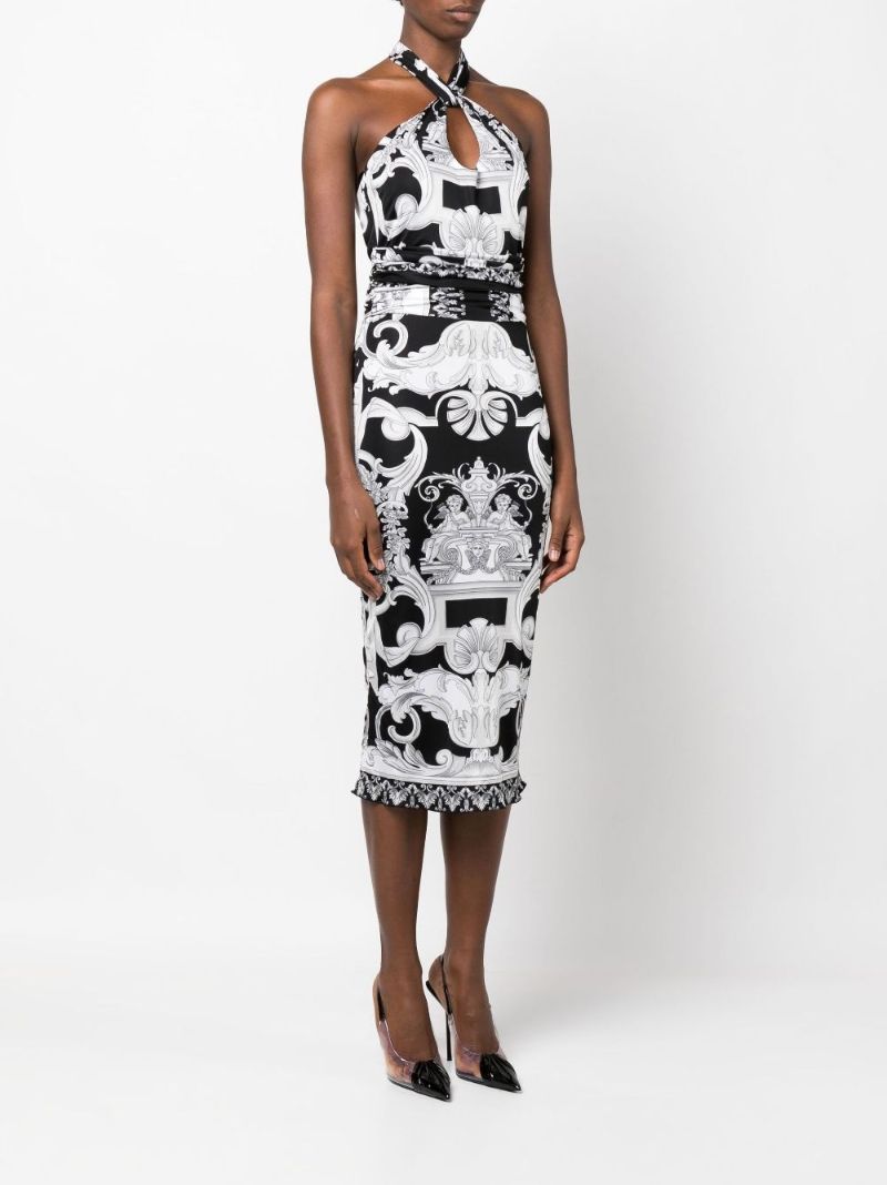 Black Silver Baroque Halterneck Midi Dress