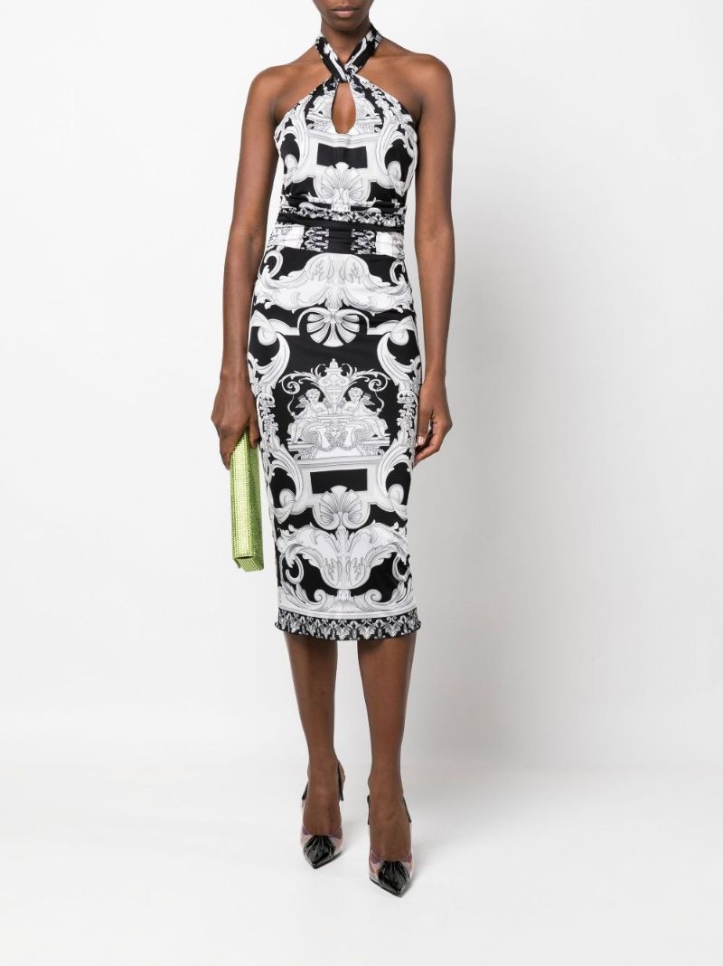 Black Silver Baroque Halterneck Midi Dress