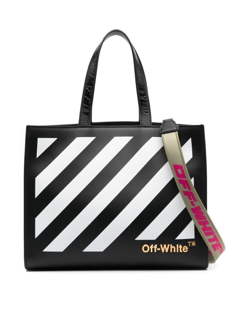 Black and White Diag Hybrid 28 Leather Tote Bag