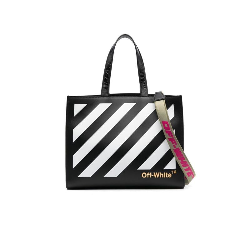 Black and White Diag Hybrid 28 Leather Tote Bag