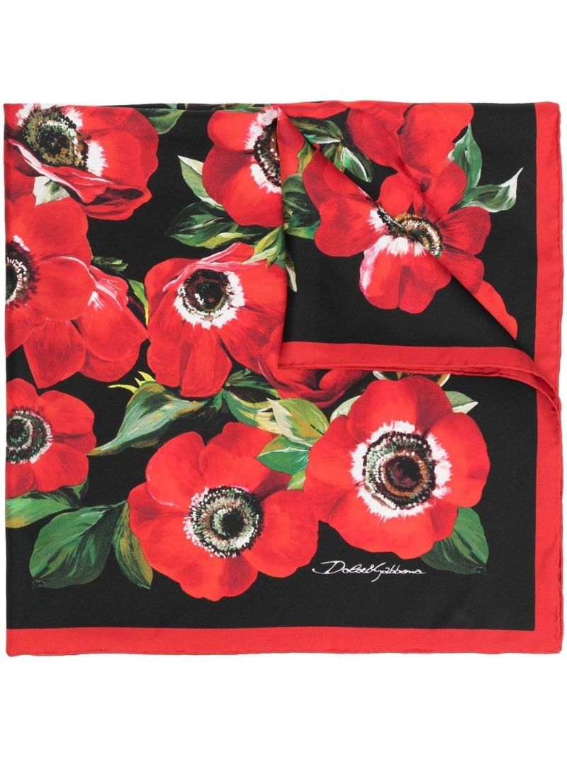 Black Floral Print Silk Scarf