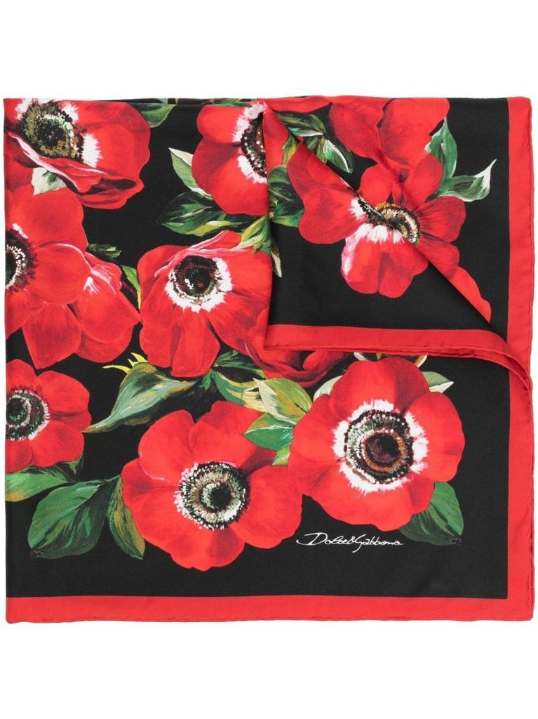 Black Floral Print Silk Scarf
