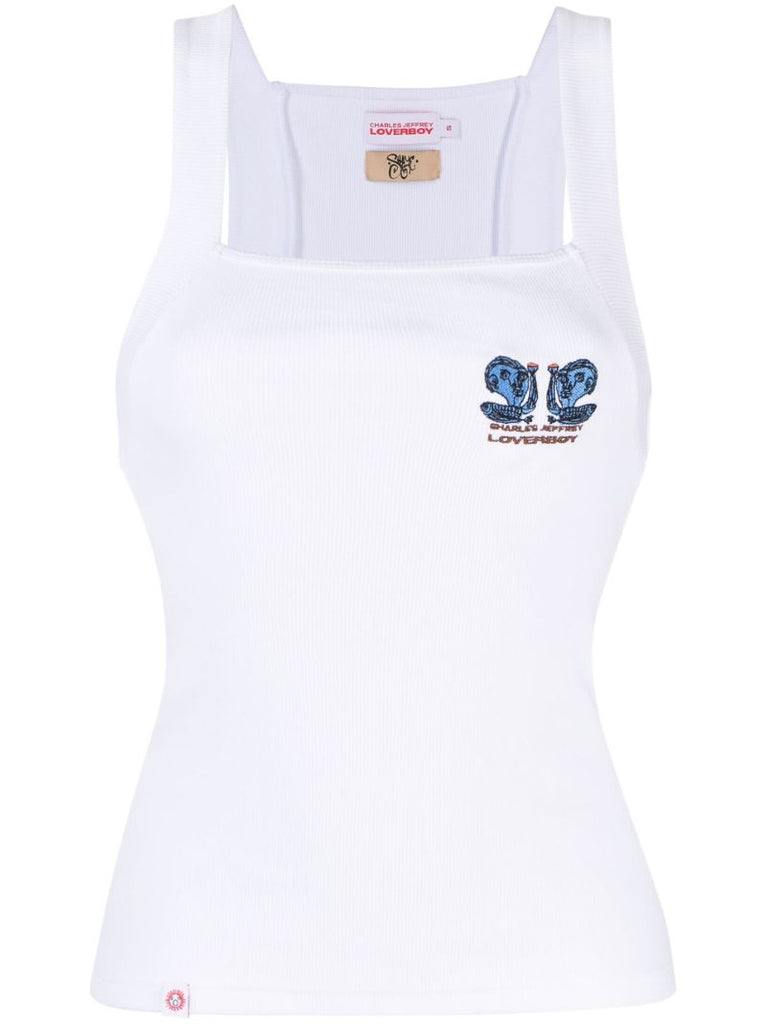 White Embroidered Logo Organic Cotton Tank Top