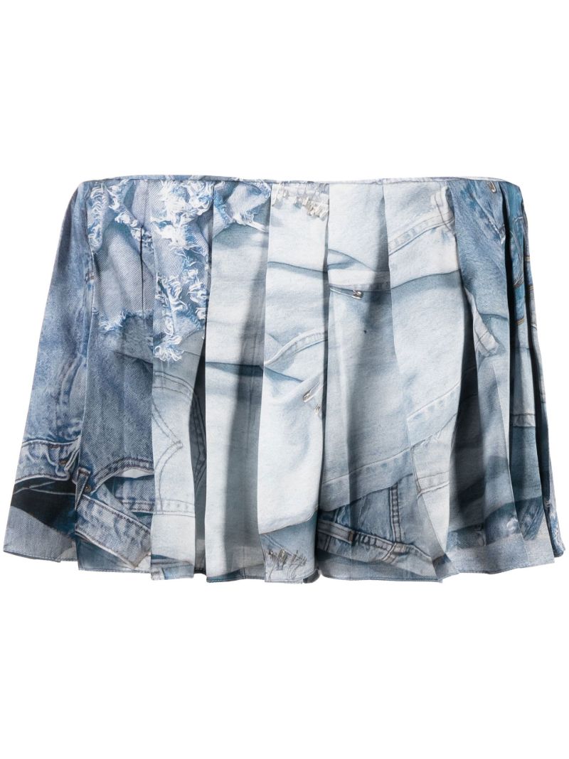 Blue Denim-print Pleated Skort