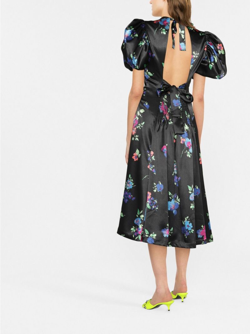 Black Puffy Floral Print Midi Dress