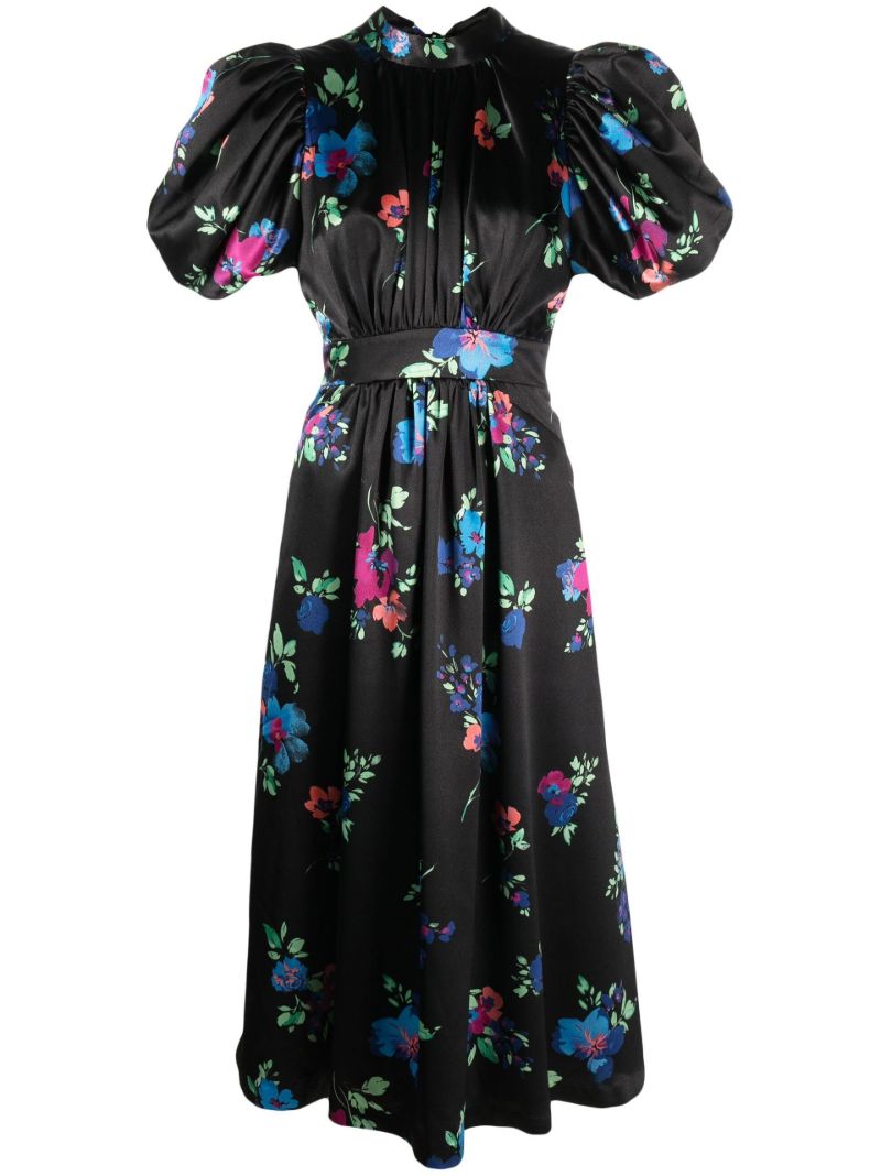 Black Puffy Floral Print Midi Dress