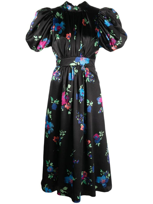 Black Puffy Floral Print Midi Dress