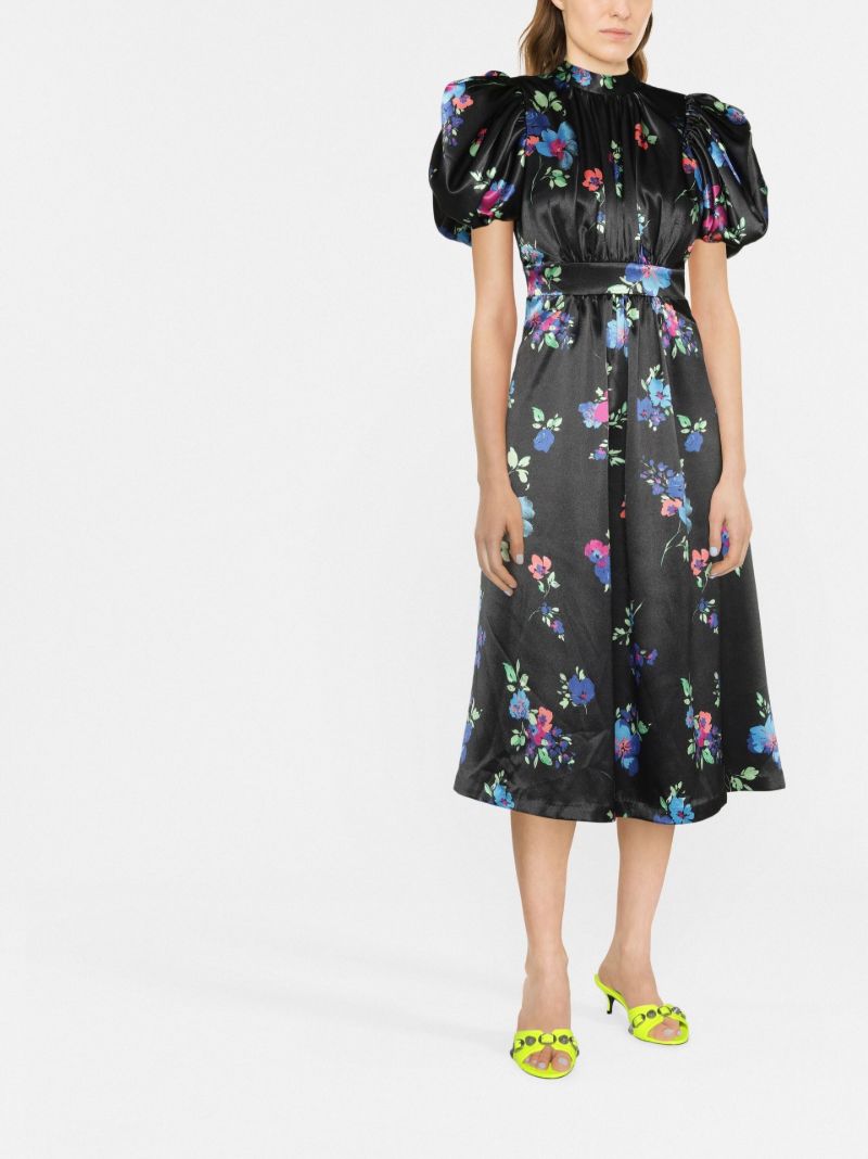 Black Puffy Floral Print Midi Dress