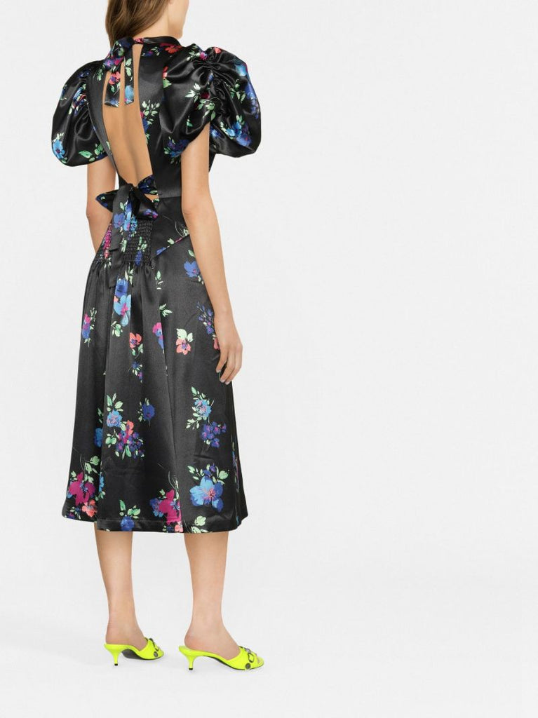 Black Puffy Floral Print Midi Dress