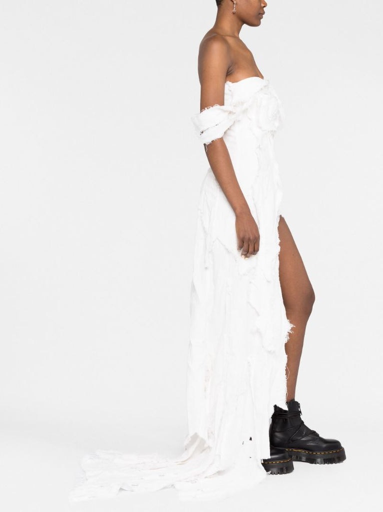 White Frayed Asymmetric Dress