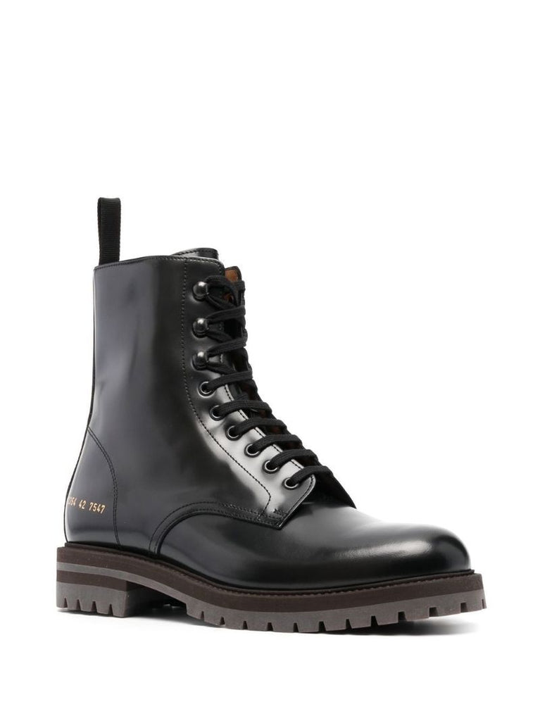 Black Leather Logo Print Ankle Boots