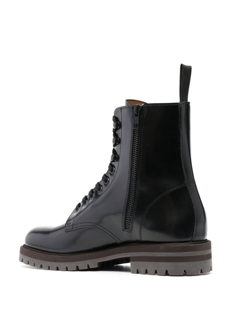Black Leather Logo Print Ankle Boots