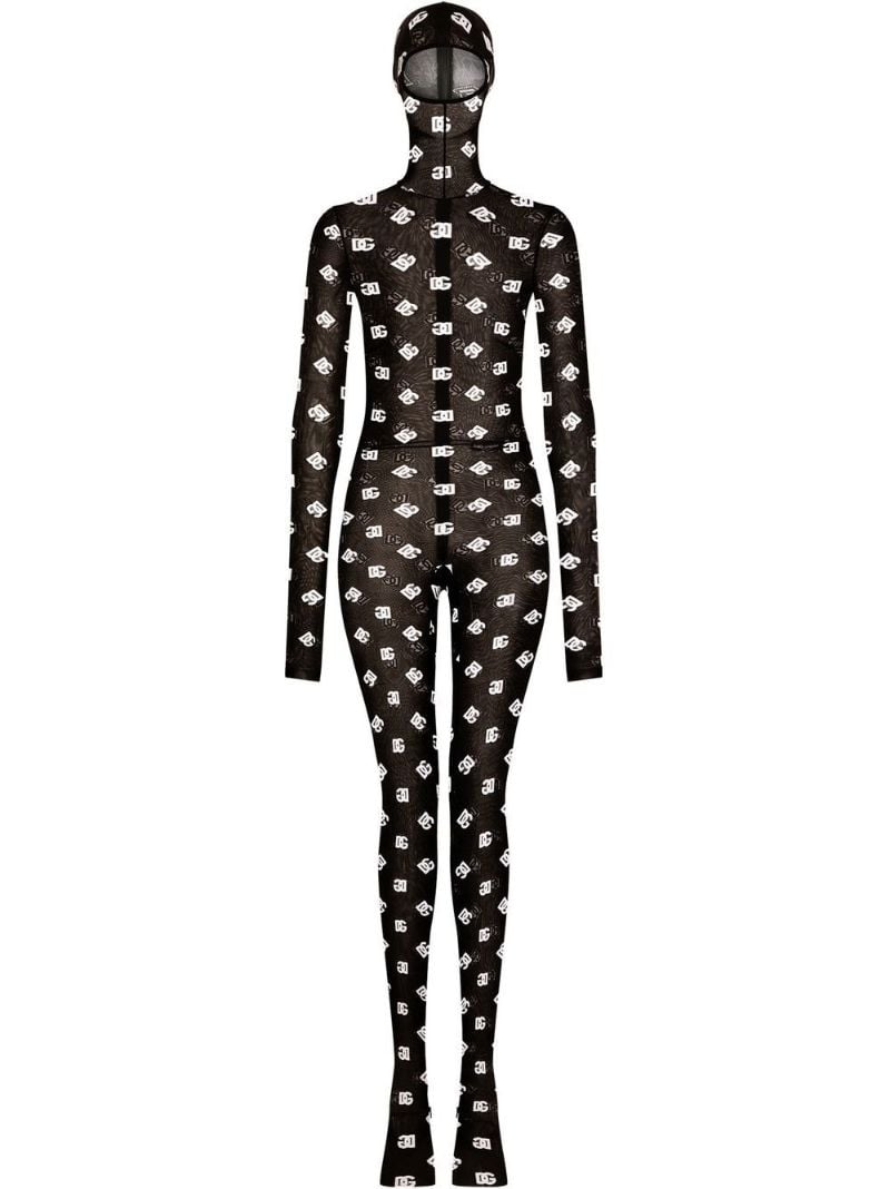 Black Marquisette Logo Print Hooded Jumpsuit