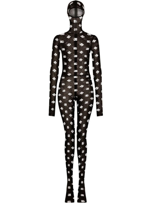 Black Marquisette Logo Print Hooded Jumpsuit