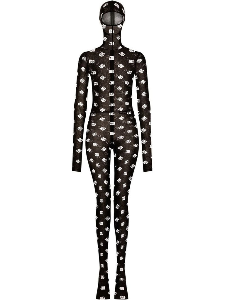 Black Marquisette Logo Print Hooded Jumpsuit
