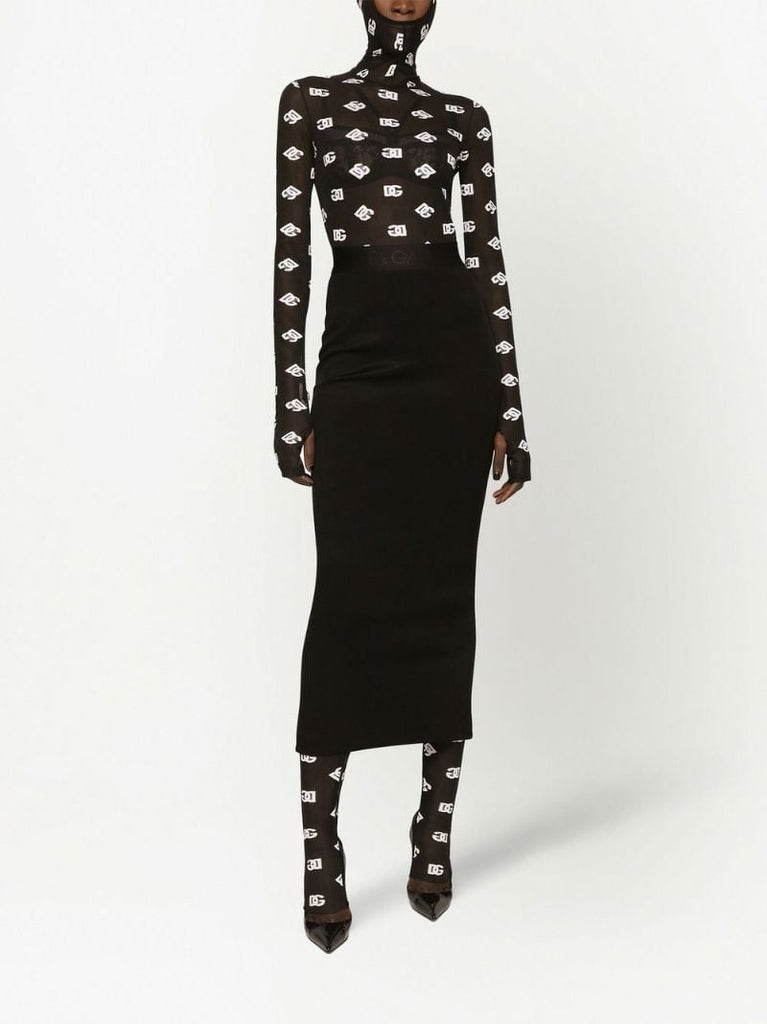 Black Marquisette Logo Print Hooded Jumpsuit