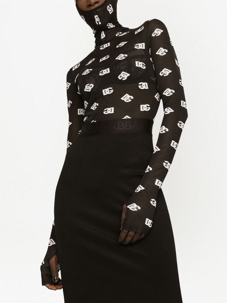 Black Marquisette Logo Print Hooded Jumpsuit