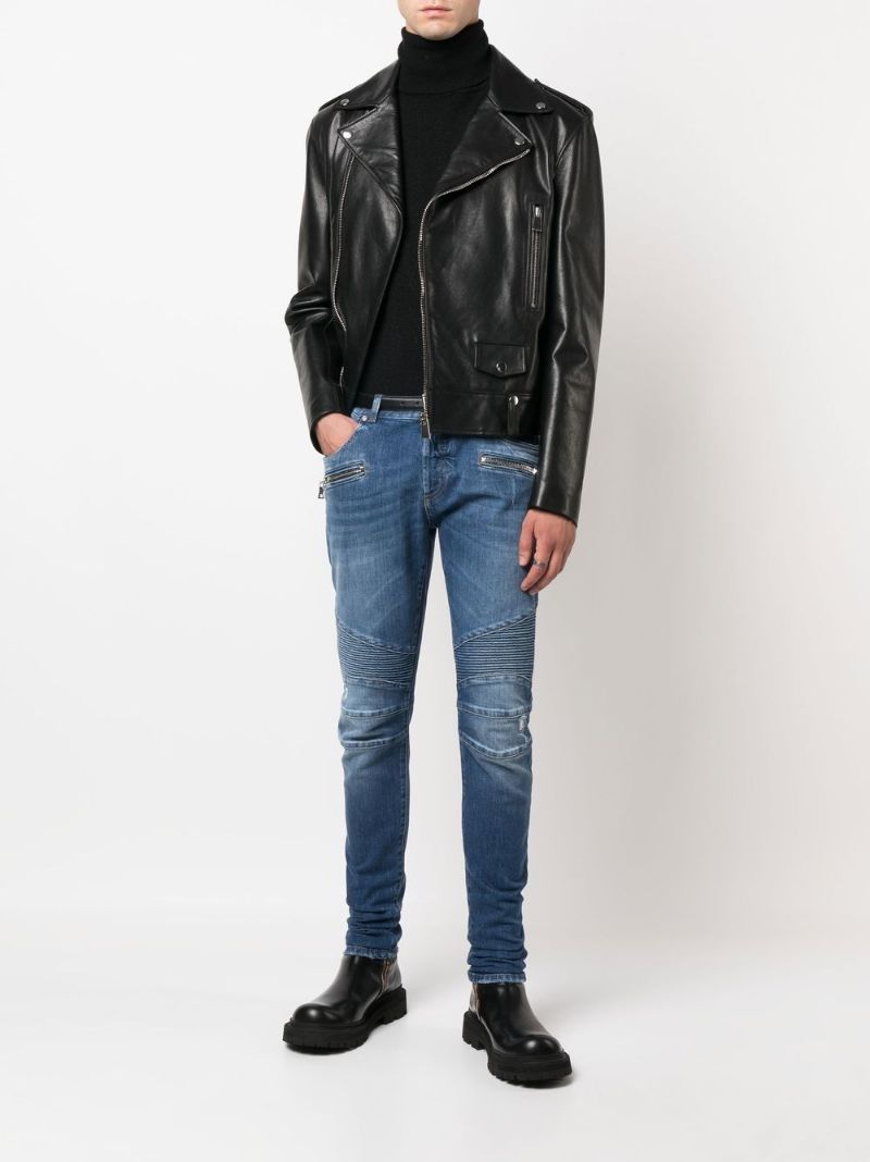 Blue Ribbed Panelled Skinny Jeans