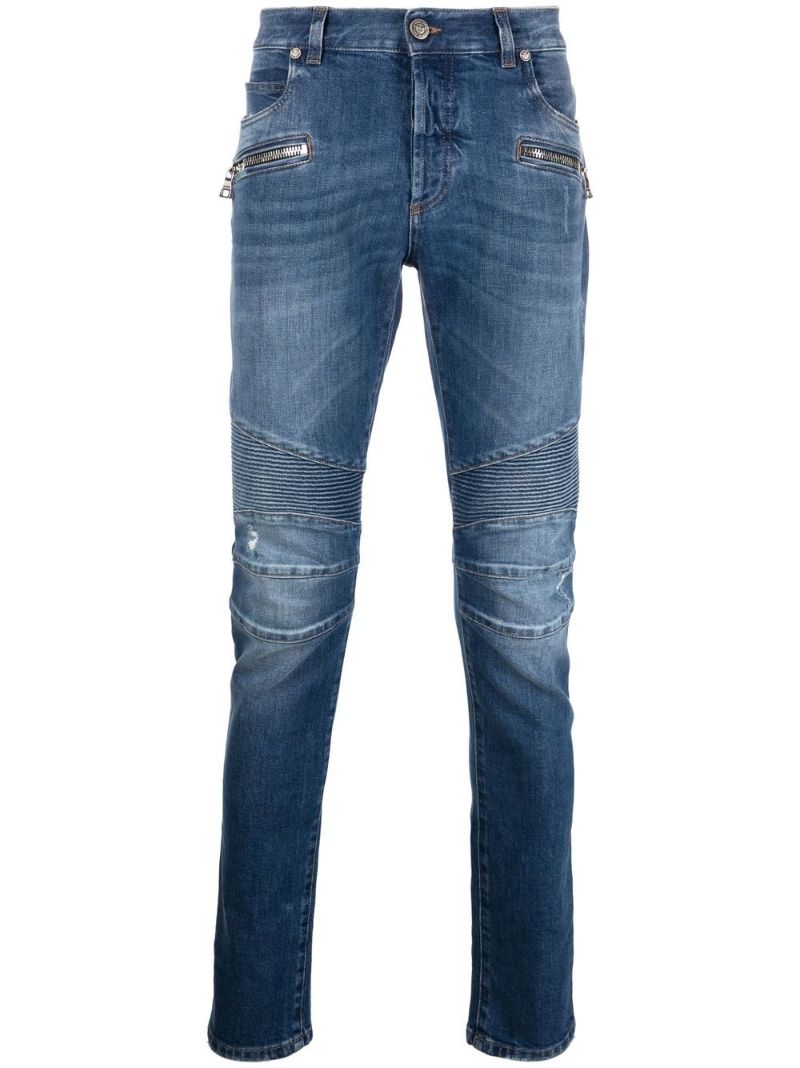 Blue Ribbed Panelled Skinny Jeans