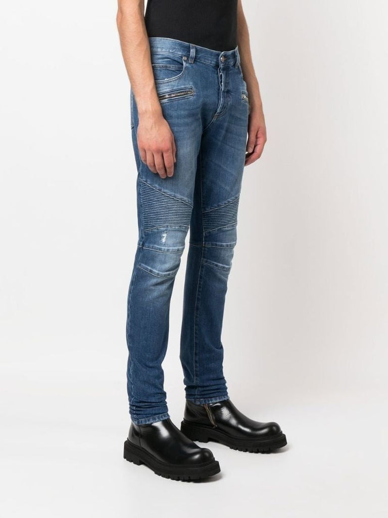 Blue Ribbed Panelled Skinny Jeans