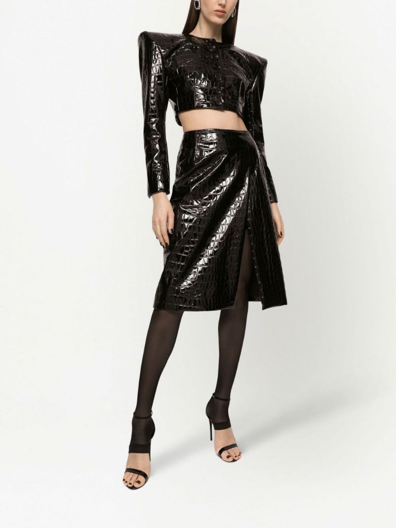 Black Alligator Print Faux Leather Midi Skirt