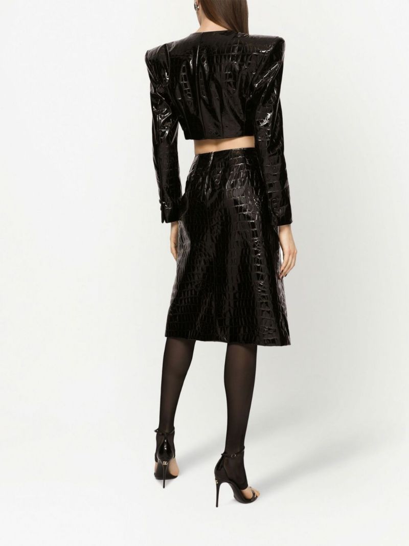 Black Alligator Print Faux Leather Midi Skirt