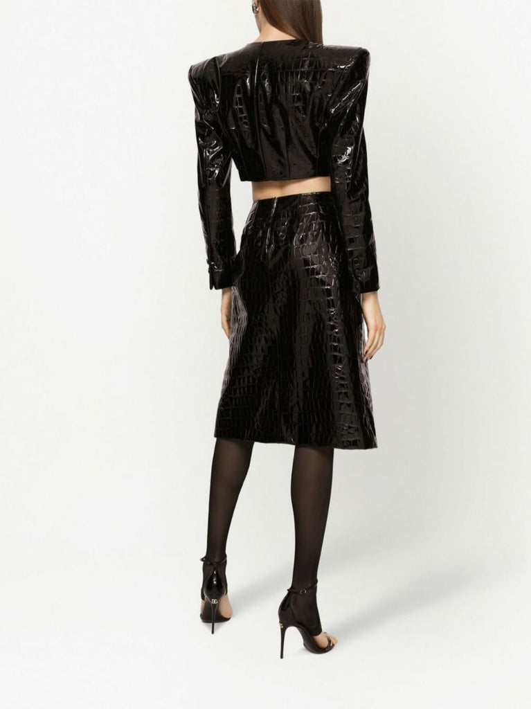 Black Alligator Print Faux Leather Midi Skirt