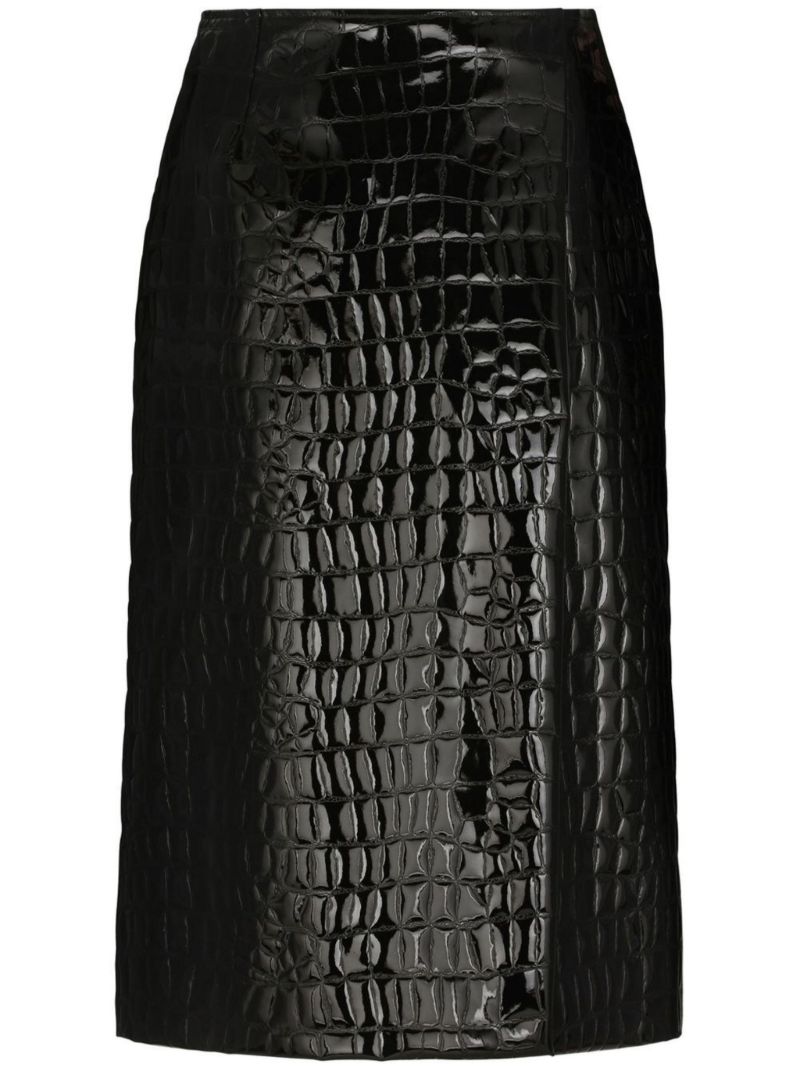 Black Alligator Print Faux Leather Midi Skirt