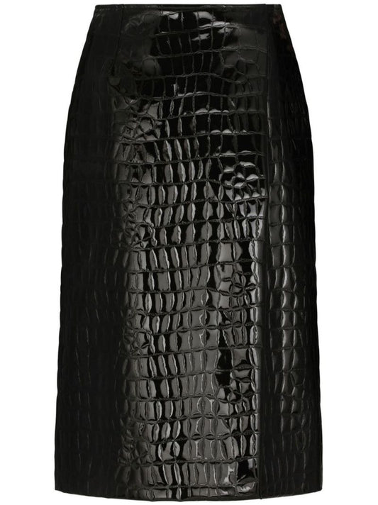 Black Alligator Print Faux Leather Midi Skirt