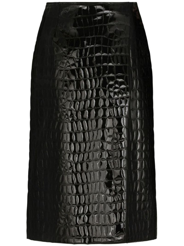 Black Alligator Print Faux Leather Midi Skirt