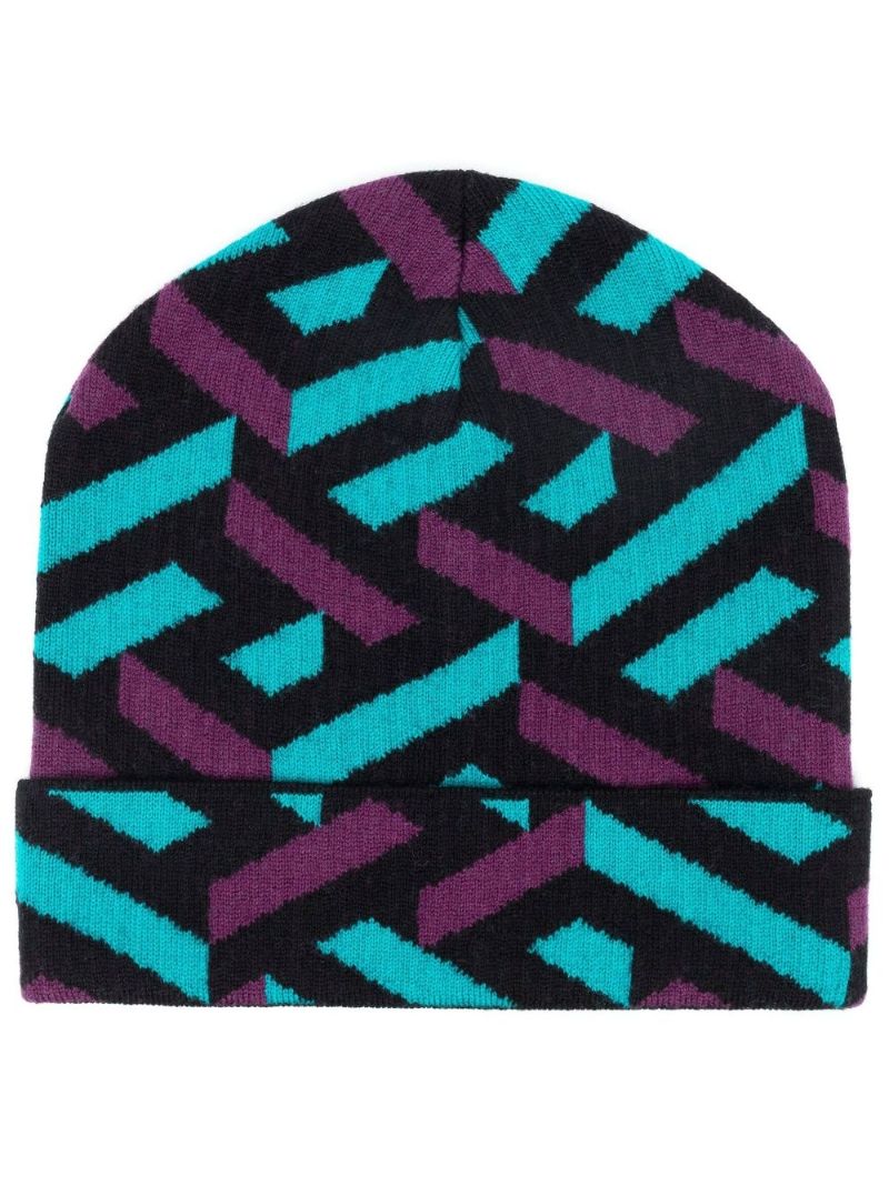 Black La Greca Printed Wool Beanie