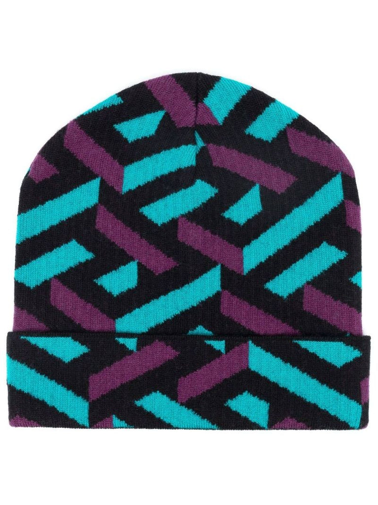 Black La Greca Printed Wool Beanie