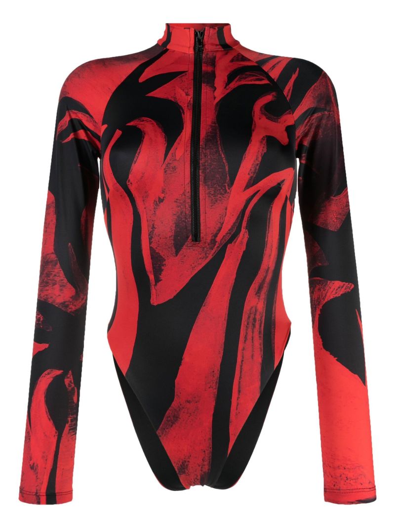 Red Graphic Print Long Sleeve Swimsuit