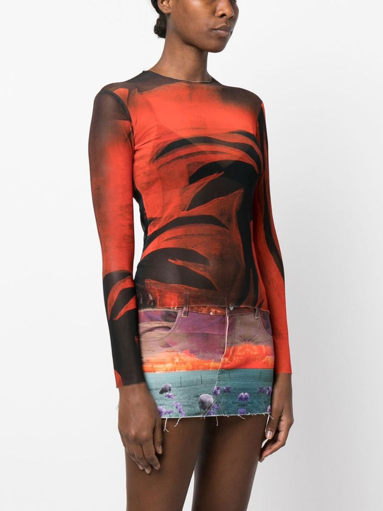 Red Queen Print Mesh Top