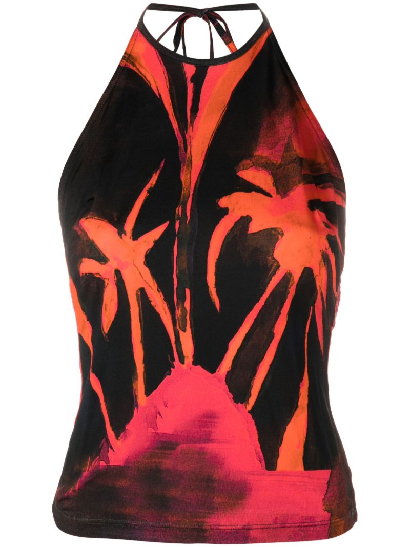 Black Abstract Print Halterneck Top
