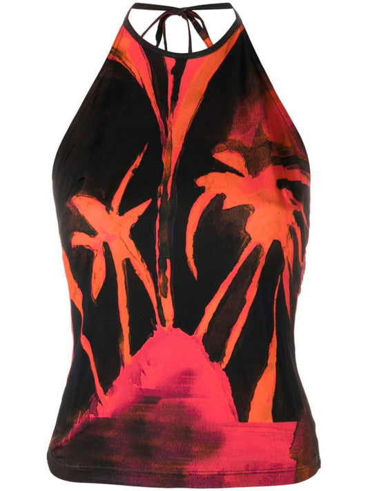 Black Abstract Print Halterneck Top