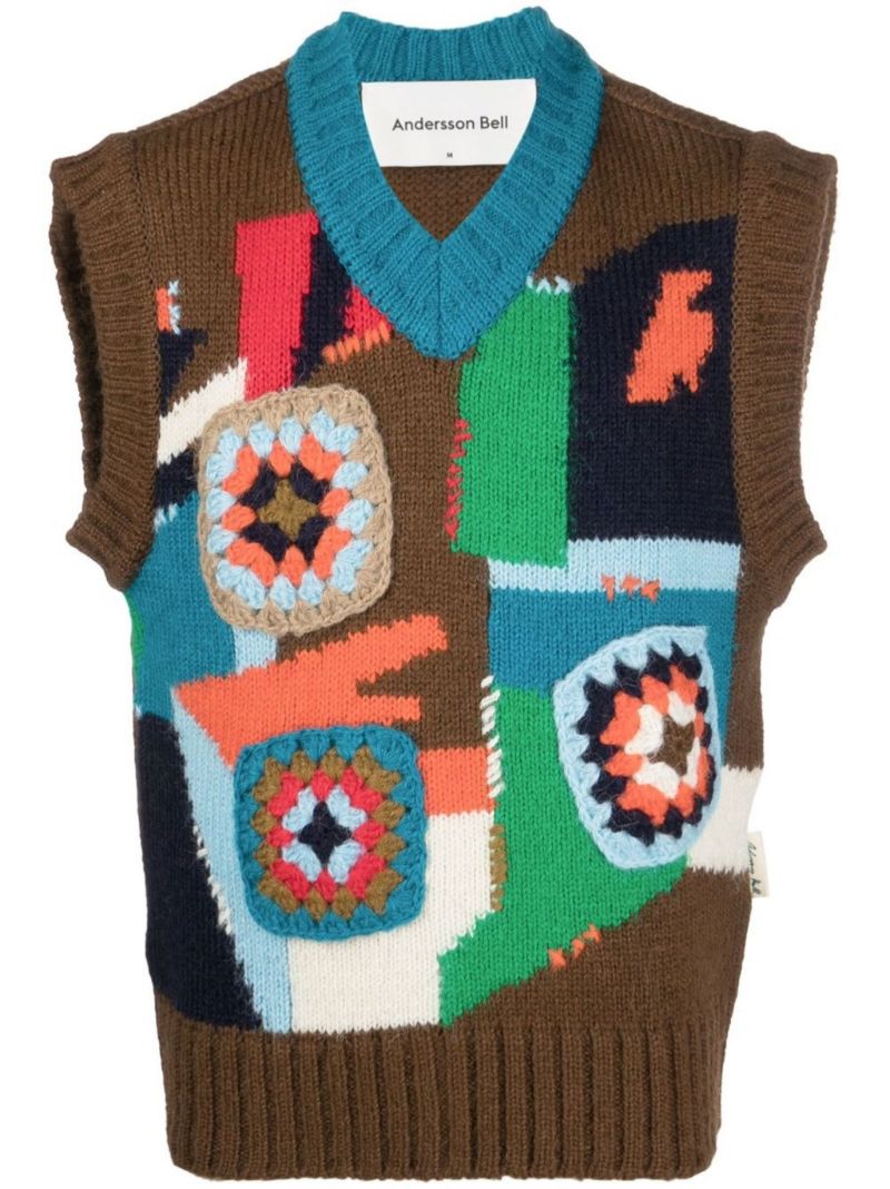 Brown Crochet V-neck Sweater