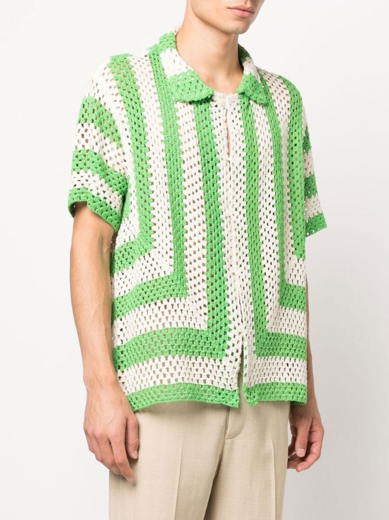 Green Striped Cotton Crochet Shirt