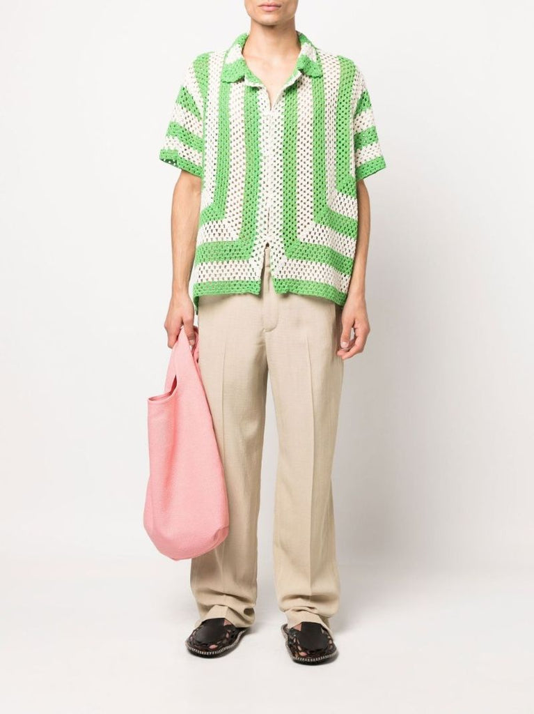 Green Striped Cotton Crochet Shirt