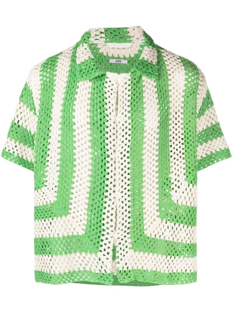 Green Striped Cotton Crochet Shirt
