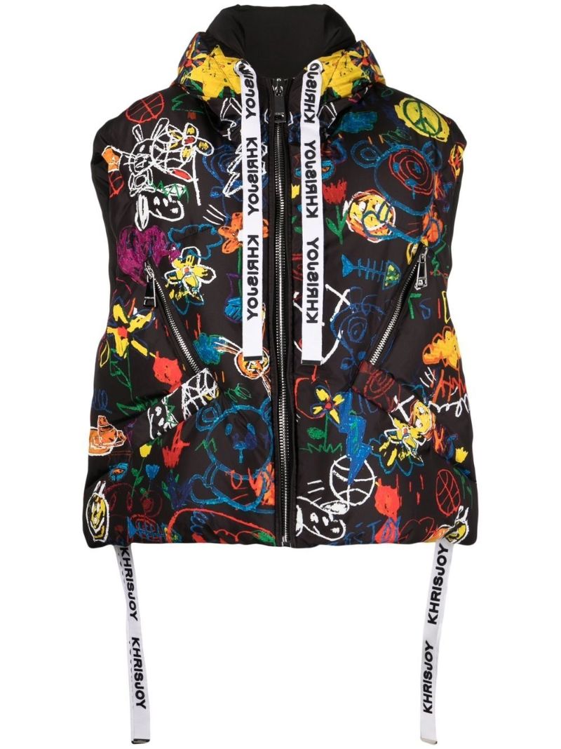 Black Graffiti Bear Hooded Gilet